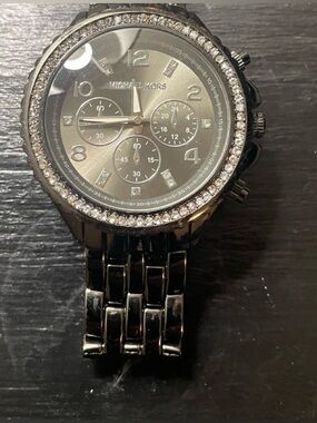 Designer Style Black and Silver Crystal Bezel Chronograph Watch